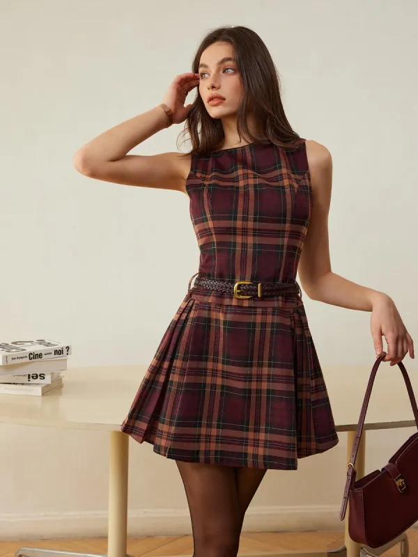 Checked Pleated Tank Dress Without Belt sold by COMMENSE