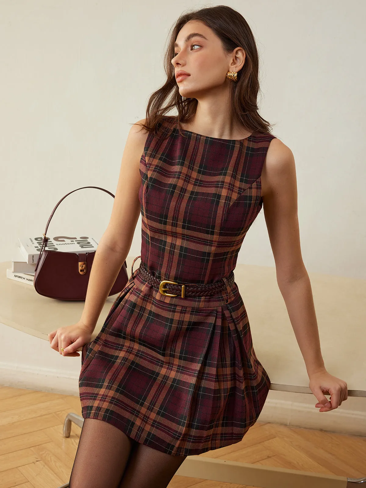 Checked Pleated Tank Dress Without Belt sold by COMMENSE product image thumbnail 4