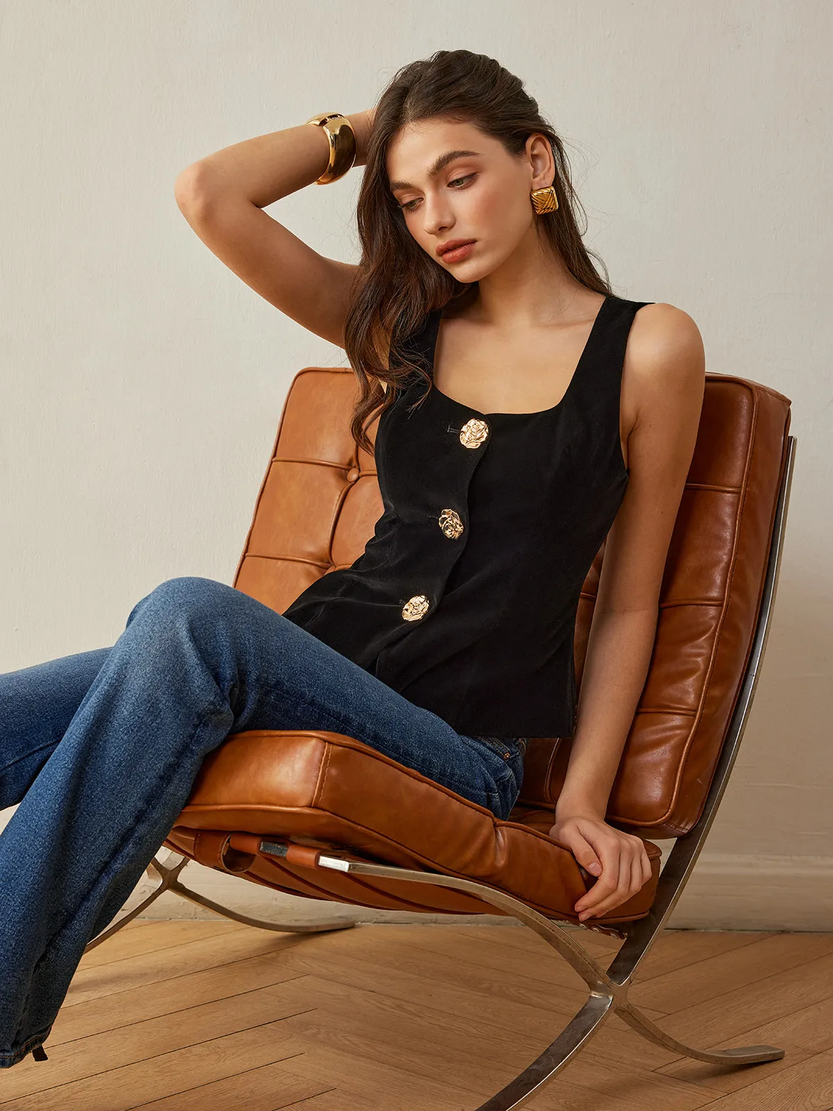 Velvet Metal-Button Vest sold by COMMENSE product image thumbnail 2