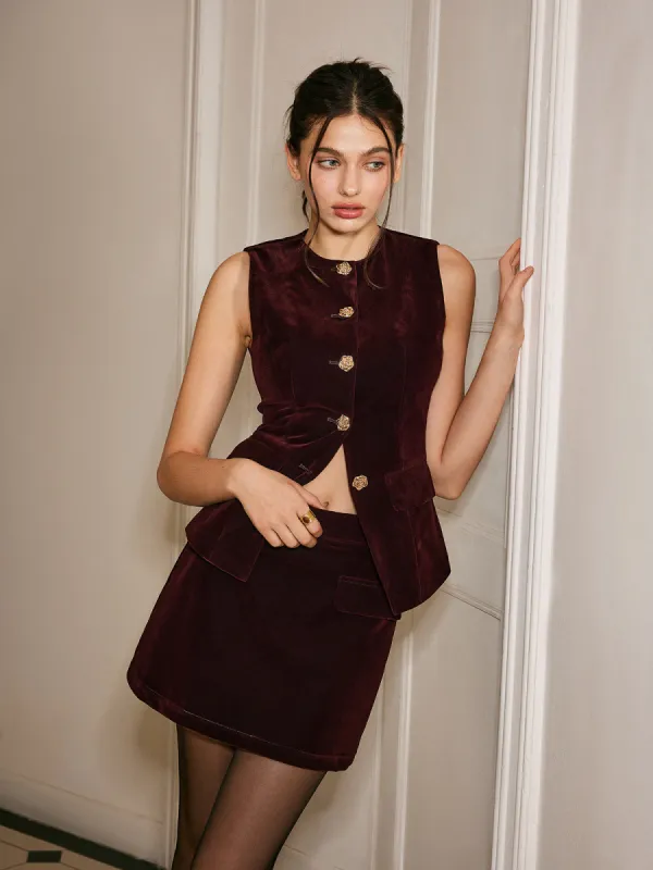 Metal-Button Velvet Cinched Vest sold by COMMENSE
