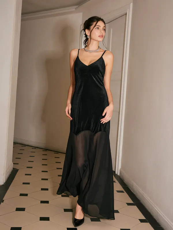 Chiffon-Hem Velvet Cami Dress sold by COMMENSE