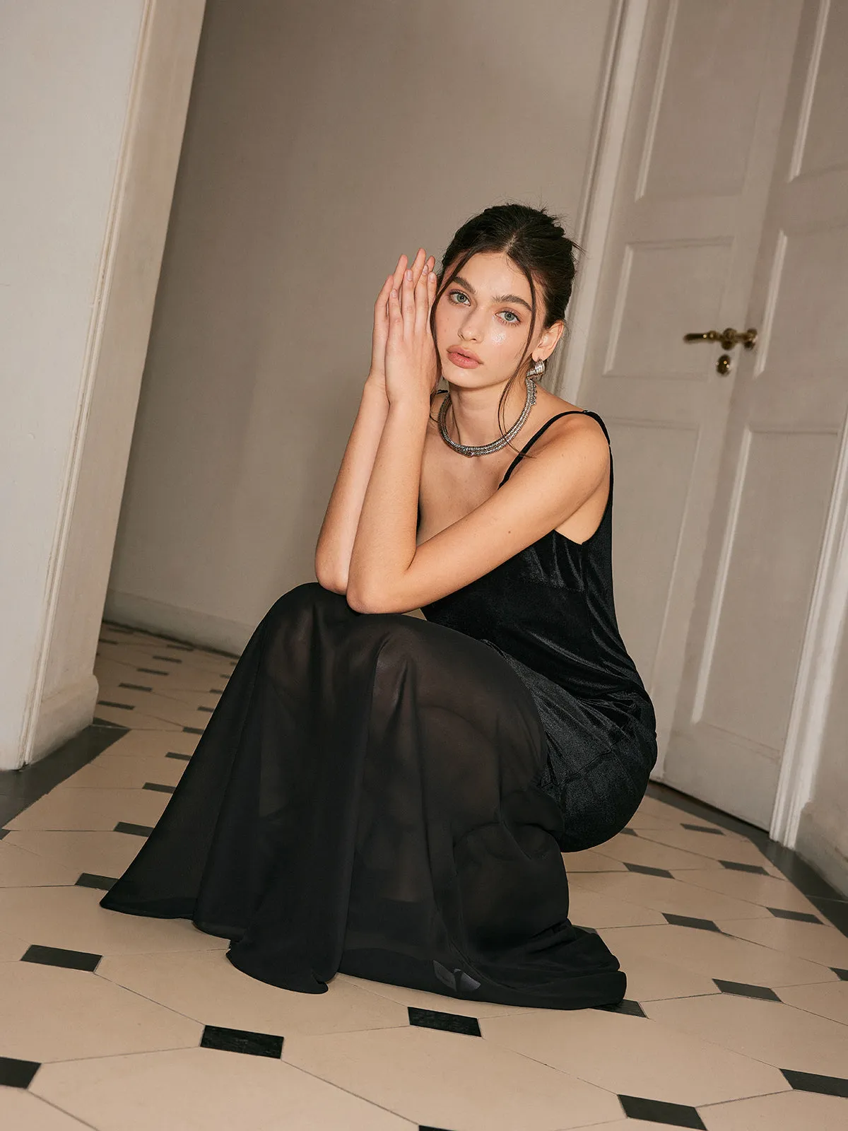 Chiffon-Hem Velvet Cami Dress sold by COMMENSE product image thumbnail 4