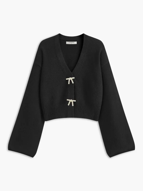 V-Neck Rhinestone-Bow Cardigan sold by COMMENSE