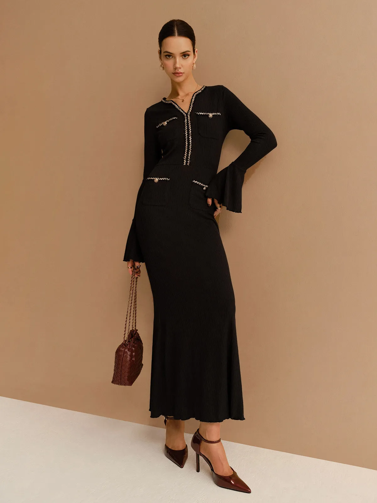 Elegant Contrast Binding Ruffle Slim Dress sold by COMMENSE product image thumbnail 4