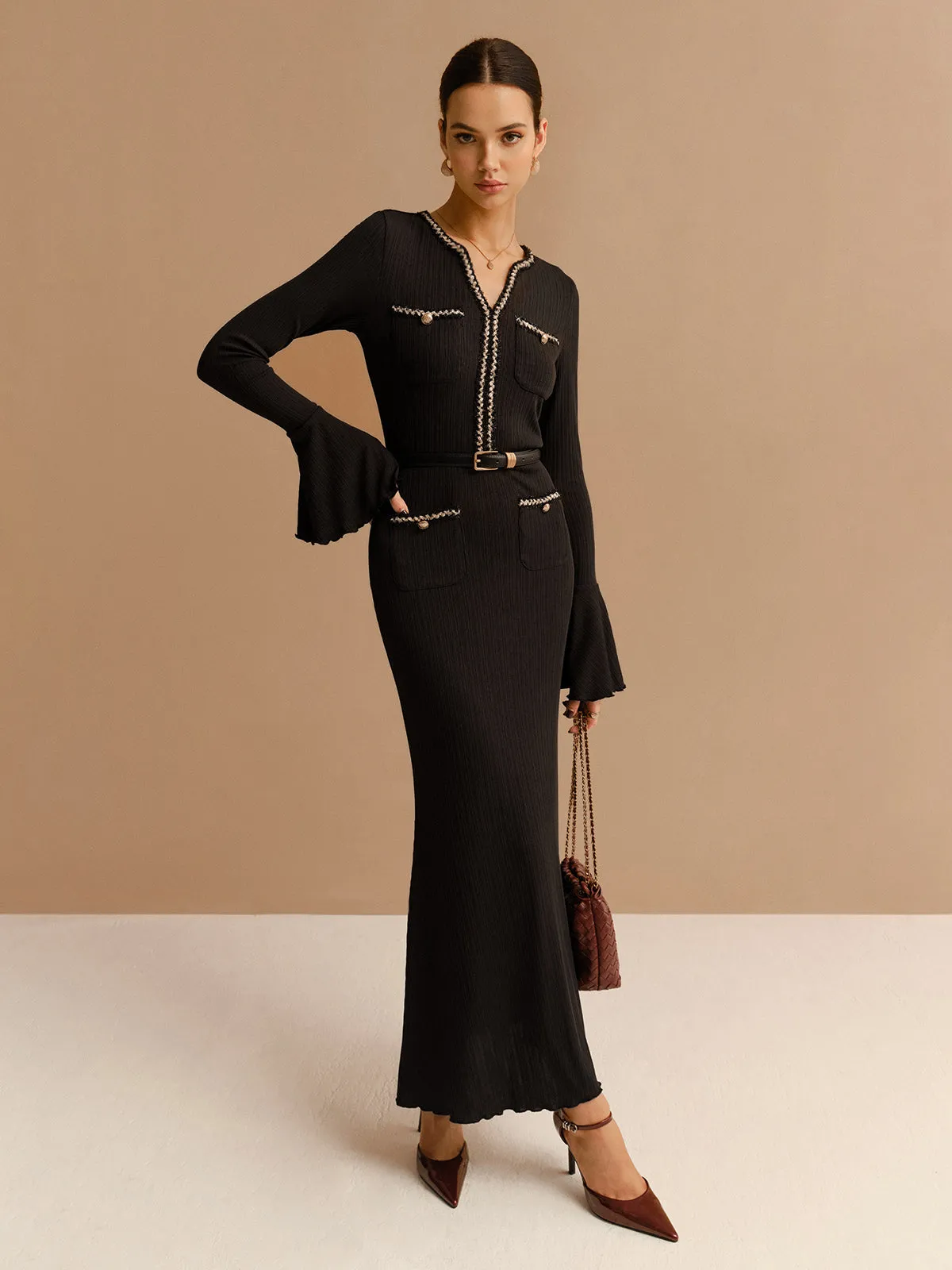 Elegant Contrast Binding Ruffle Slim Dress sold by COMMENSE