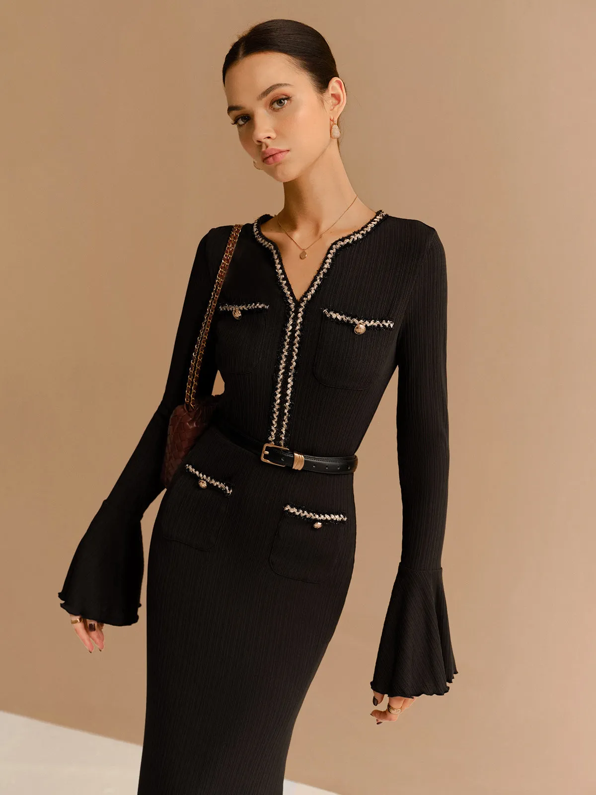 Elegant Contrast Binding Ruffle Slim Dress sold by COMMENSE product image thumbnail 5