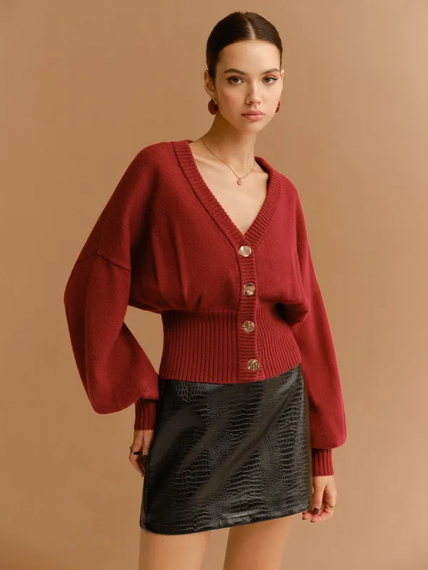 V-Neck Cinched Waist Button Cardigan sold by COMMENSE