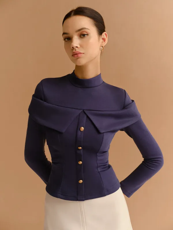 Mock Neck Metal-Detail Jersey Top sold by COMMENSE