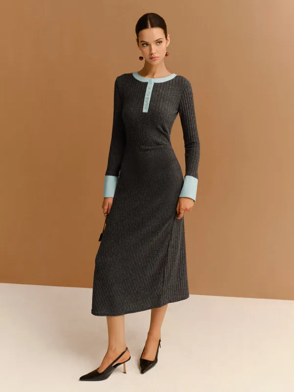 Contrast Trim Button Ribbed Slim Dress sold by COMMENSE