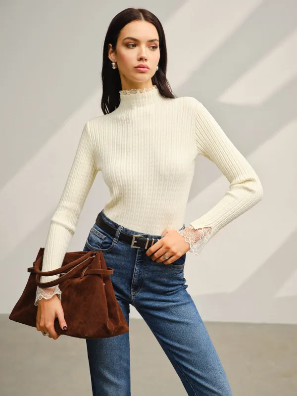 Mock Neck Lace Trim Slim Sweater sold by COMMENSE