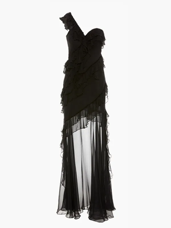 One-Shoulder Chiffon Ruffle Dress sold by COMMENSE
