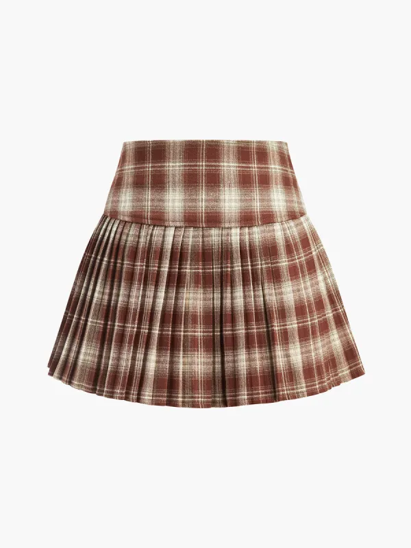 High-Waist Checked Pleated Skirt sold by COMMENSE