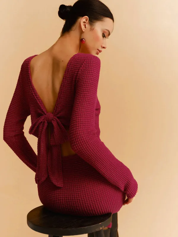 Backless Waffle Bow Knit Short Dress sold by COMMENSE