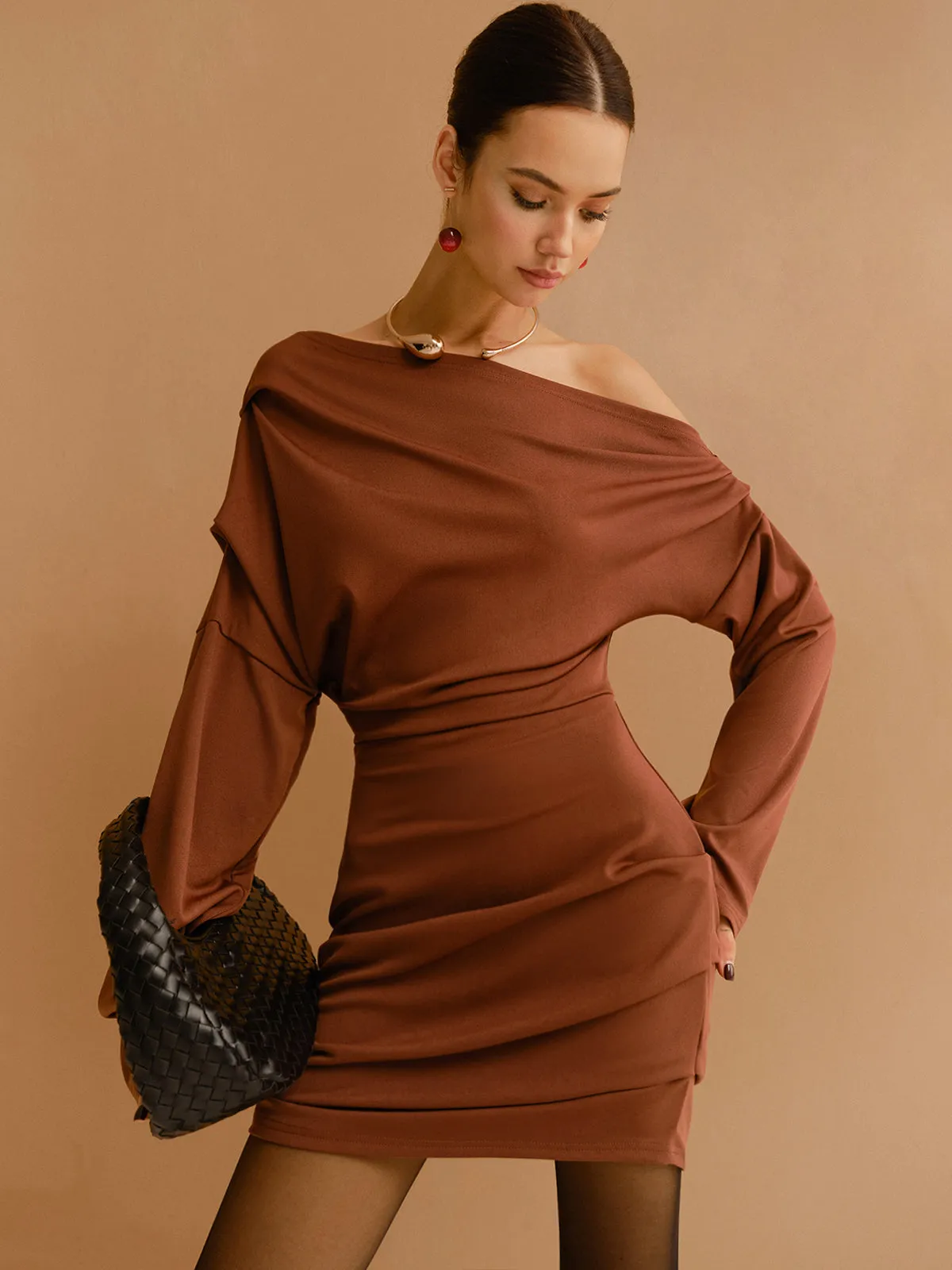 Off-Shoulder Pleated Jersey Short Dress sold by COMMENSE product image thumbnail 3