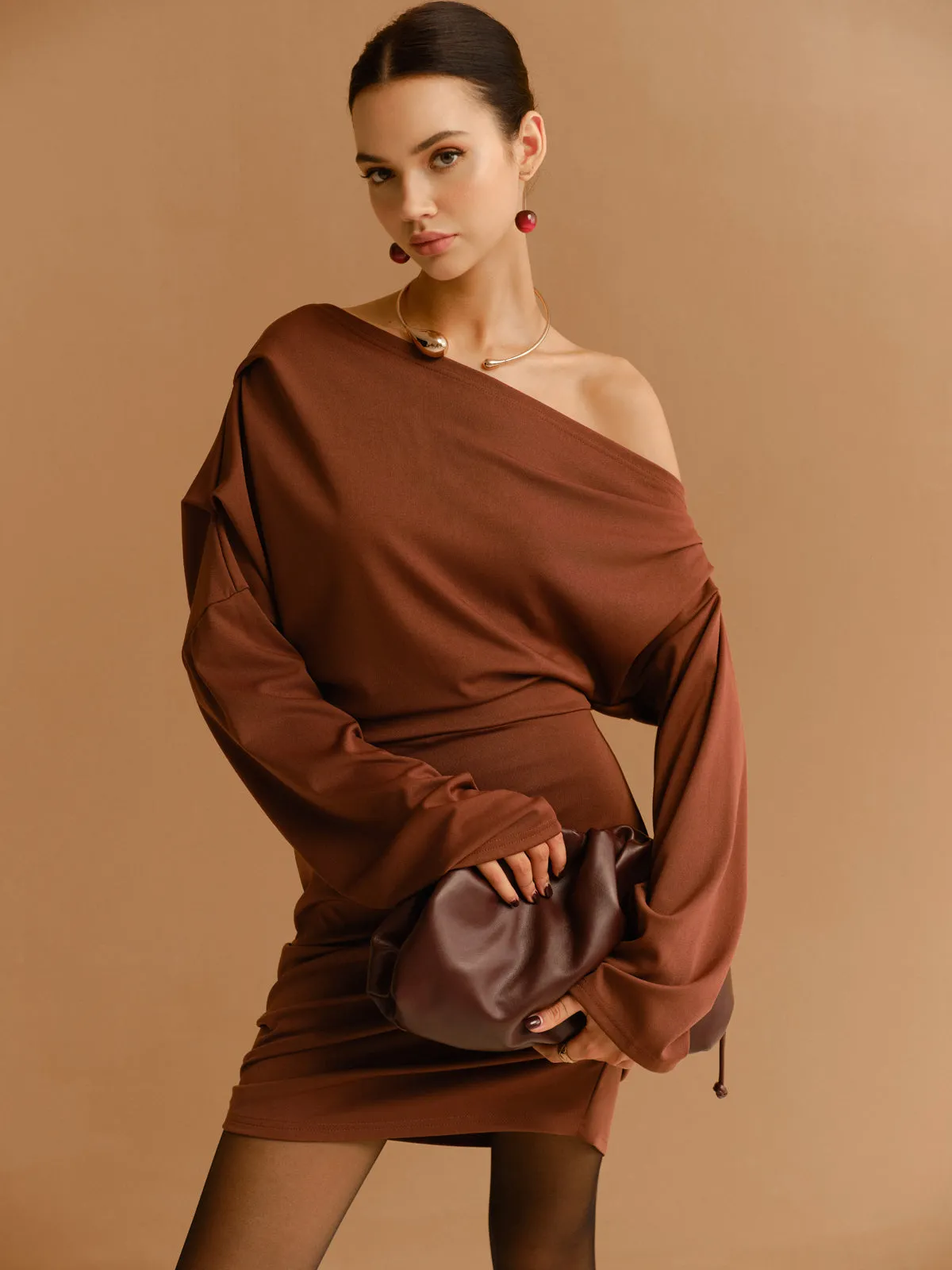 Off-Shoulder Pleated Jersey Short Dress sold by COMMENSE