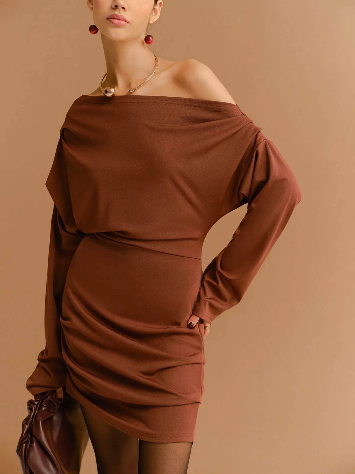 Off-Shoulder Pleated Jersey Short Dress sold by COMMENSE product image thumbnail 4