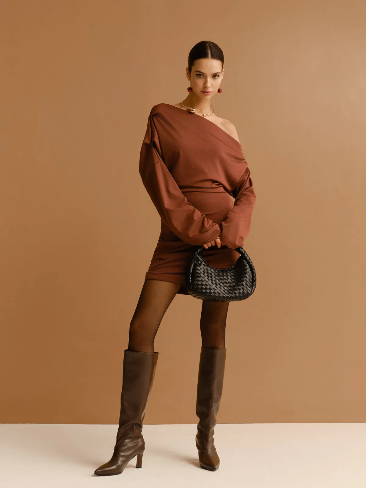 Off-Shoulder Pleated Jersey Short Dress sold by COMMENSE product image thumbnail 2