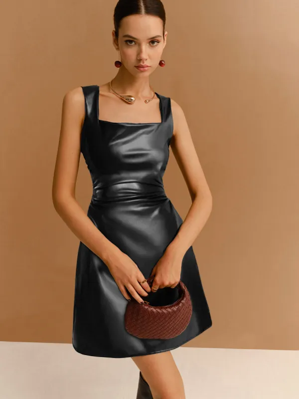 Faux Leather Zipper Strappy Dress made by COMMENSE