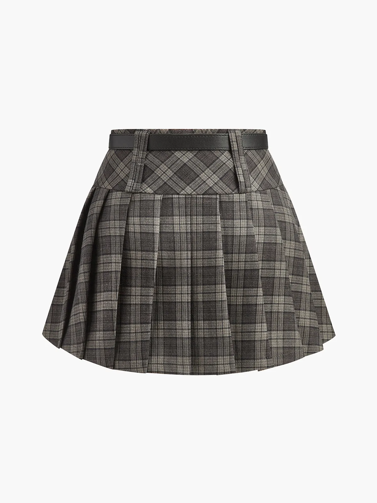 Mid-Waist Checked Pleated Skirt With Belt sold by COMMENSE product image thumbnail 2