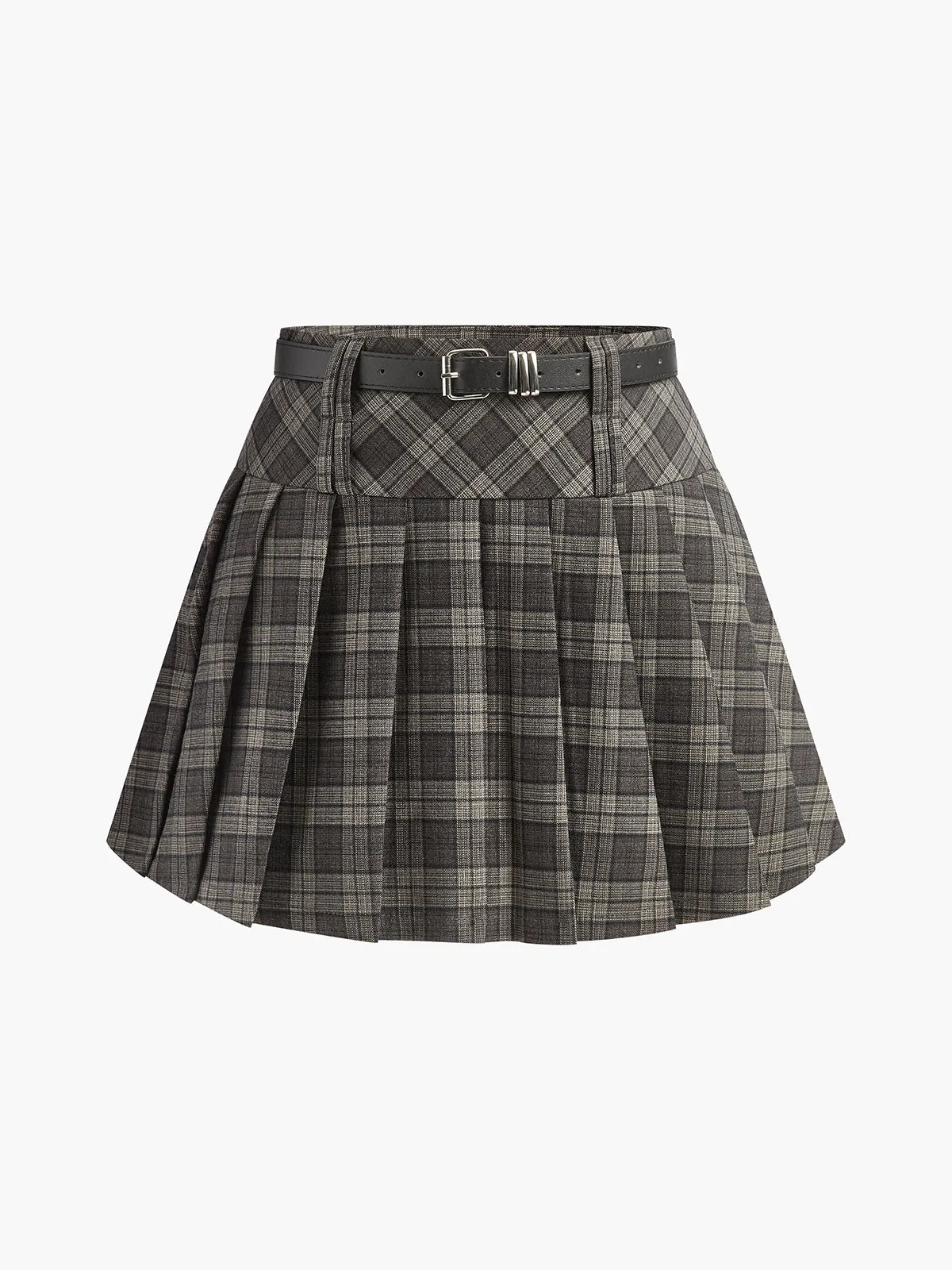 Mid-Waist Checked Pleated Skirt With Belt sold by COMMENSE