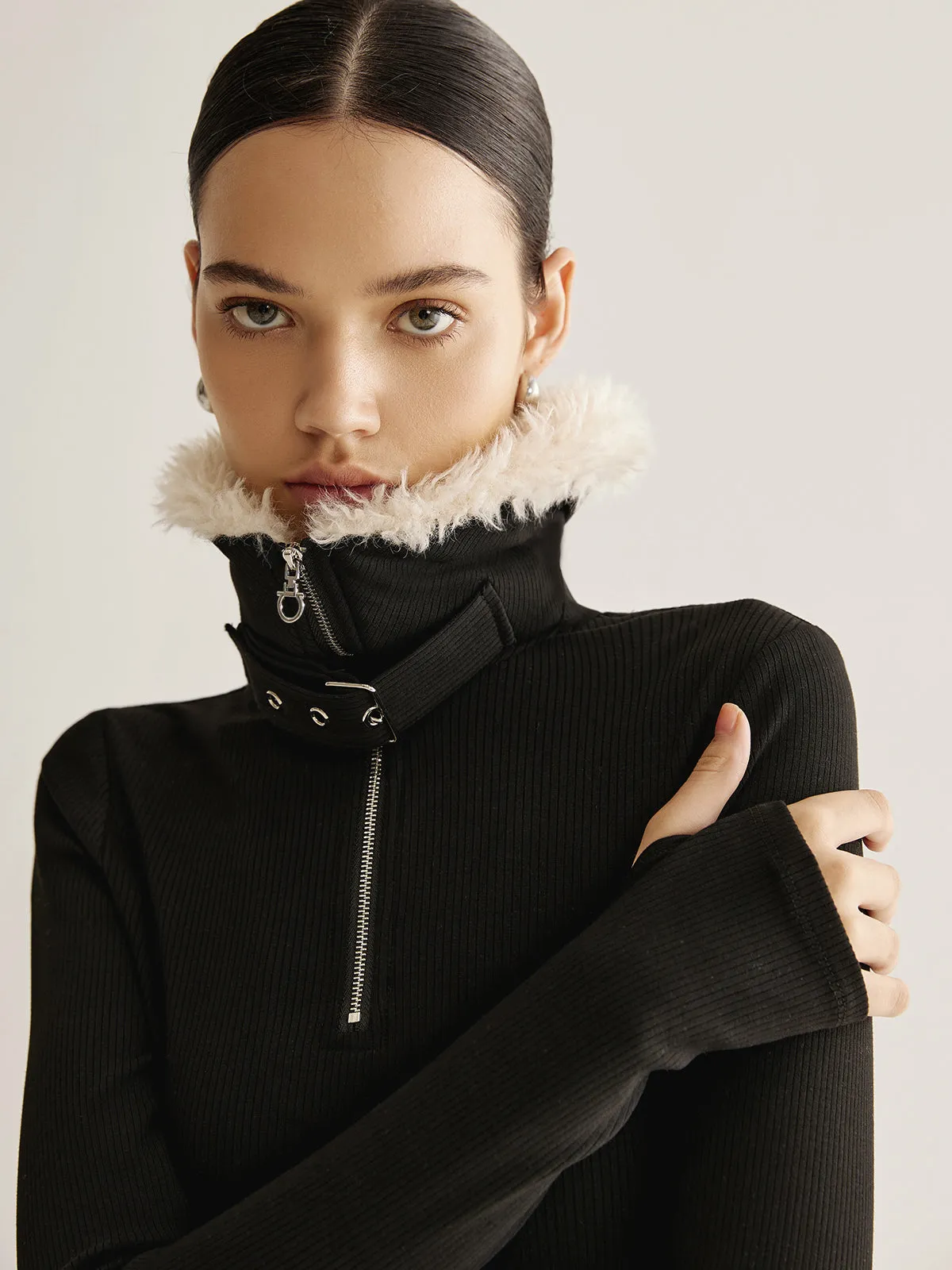 Fuzzy Collar Belt-Design Zipper Blouse sold by COMMENSE product image thumbnail 2