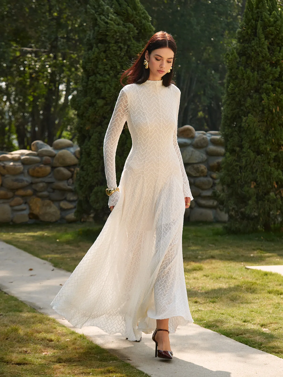 Mock Neck Lace Flowy Long Dress sold by COMMENSE
