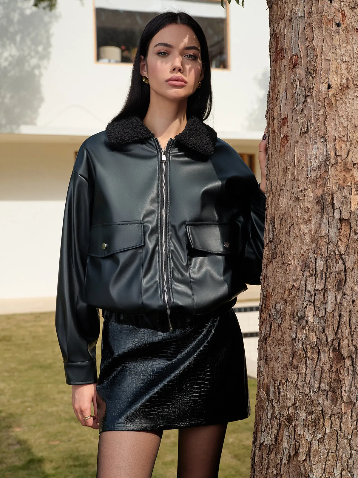 Minky Collar PU Leather Short Jacket sold by COMMENSE product image thumbnail 2