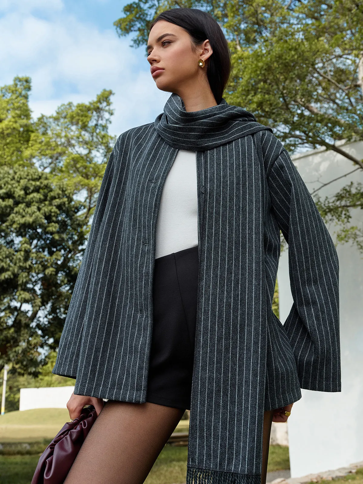 Pinstripe Button Blazer With Tassel Scarf sold by COMMENSE