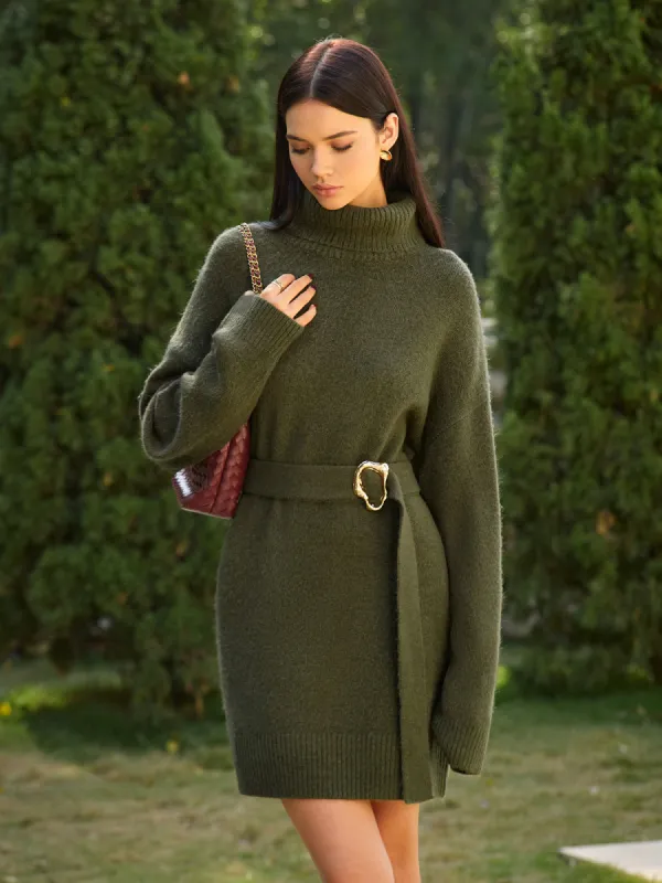 Turtleneck Sweater Short Dress With Belt sold by COMMENSE
