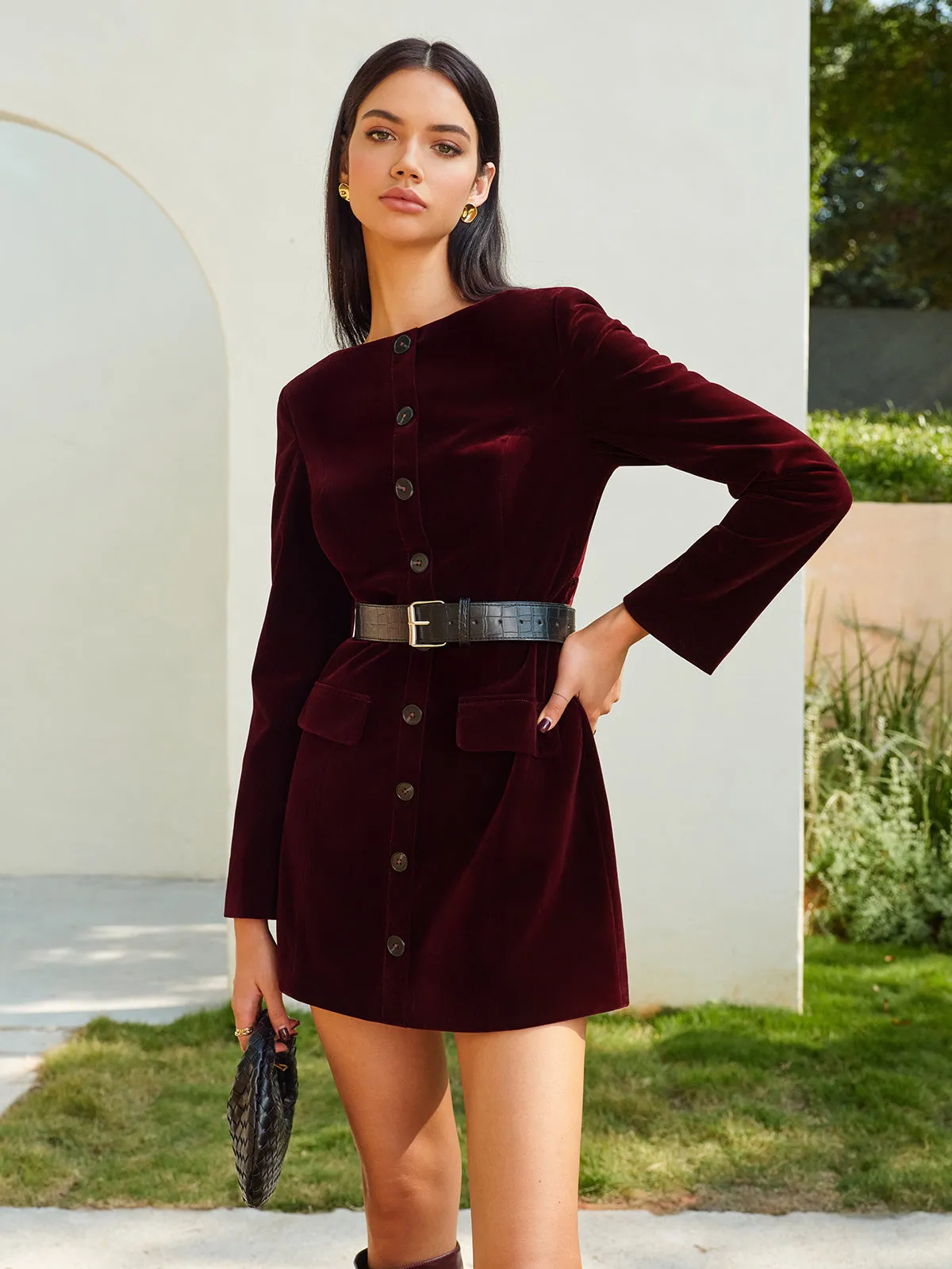 Velvet Button Short Dress With Belt sold by COMMENSE