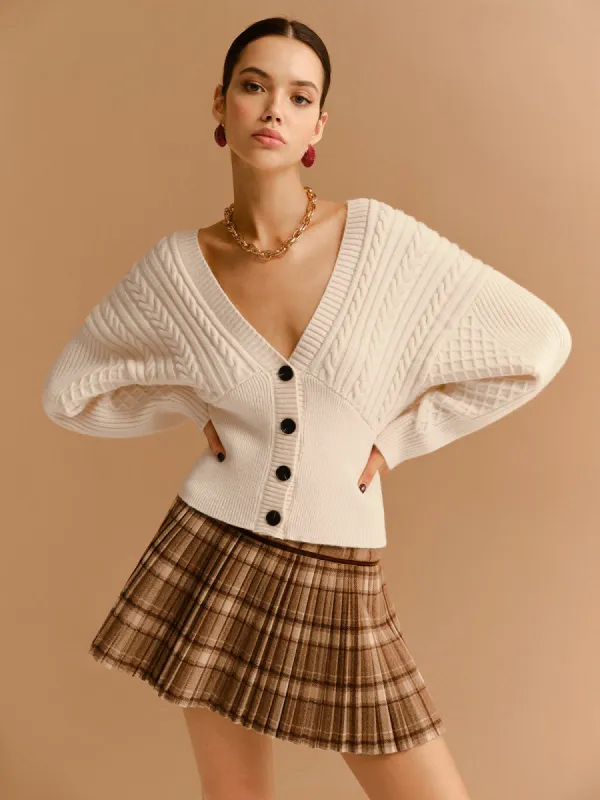 V-Neck Cinched Waist Twist Button Cardigan sold by COMMENSE