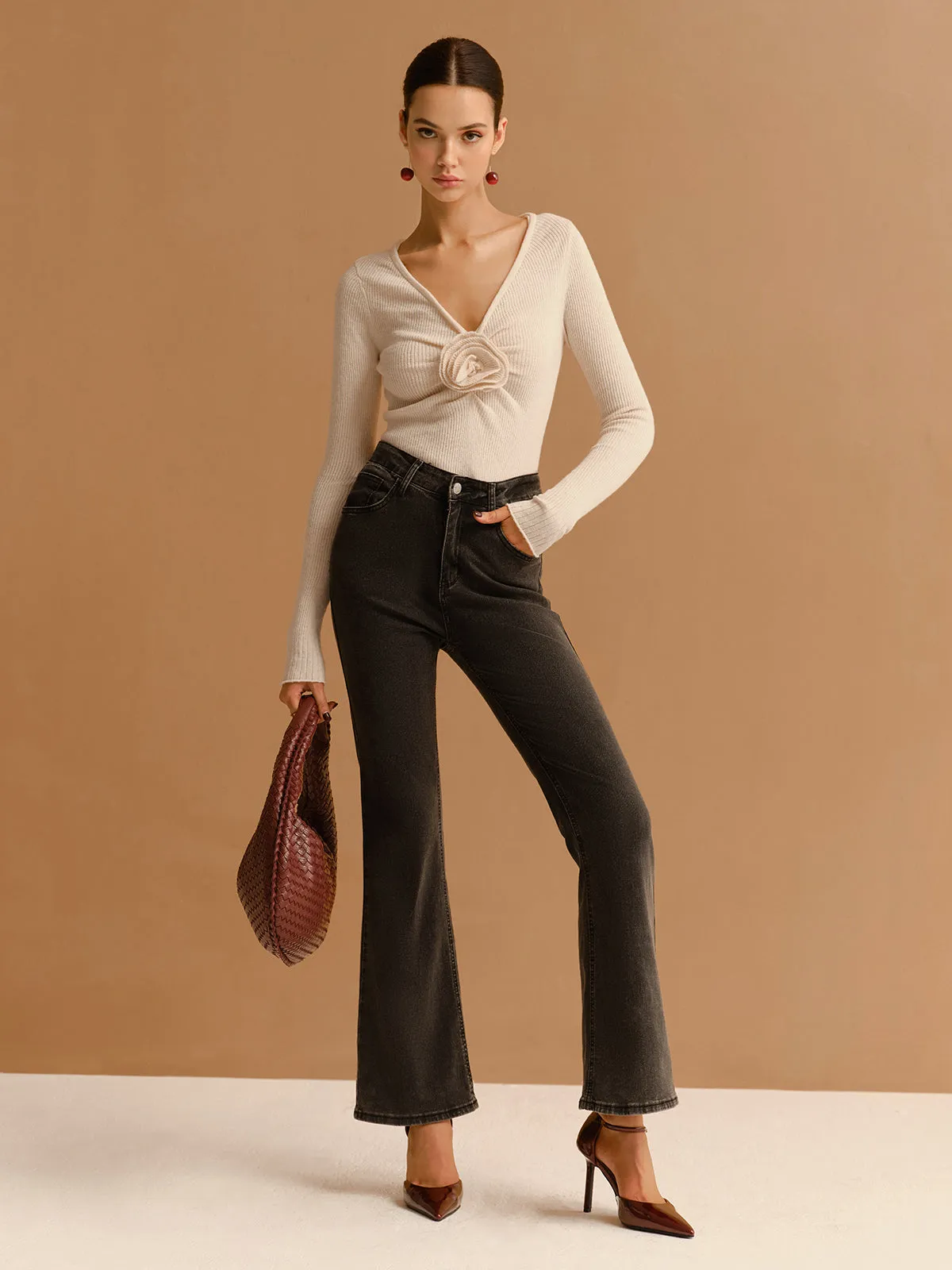 V-Neck 3D Flower Pleated Slim Blouse sold by COMMENSE product image thumbnail 3