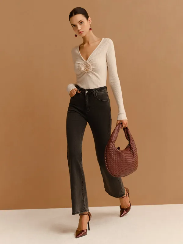 V-Neck 3D Flower Pleated Slim Blouse sold by COMMENSE