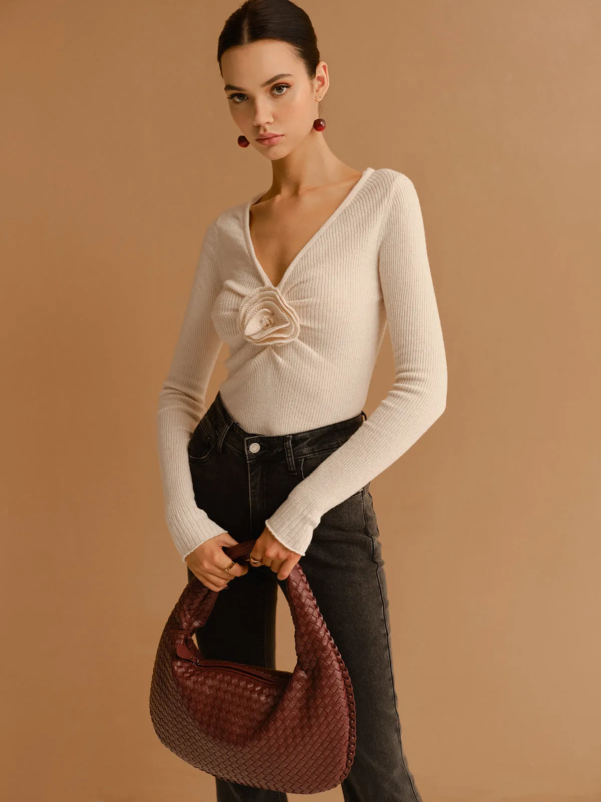 V-Neck 3D Flower Pleated Slim Blouse sold by COMMENSE product image thumbnail 4