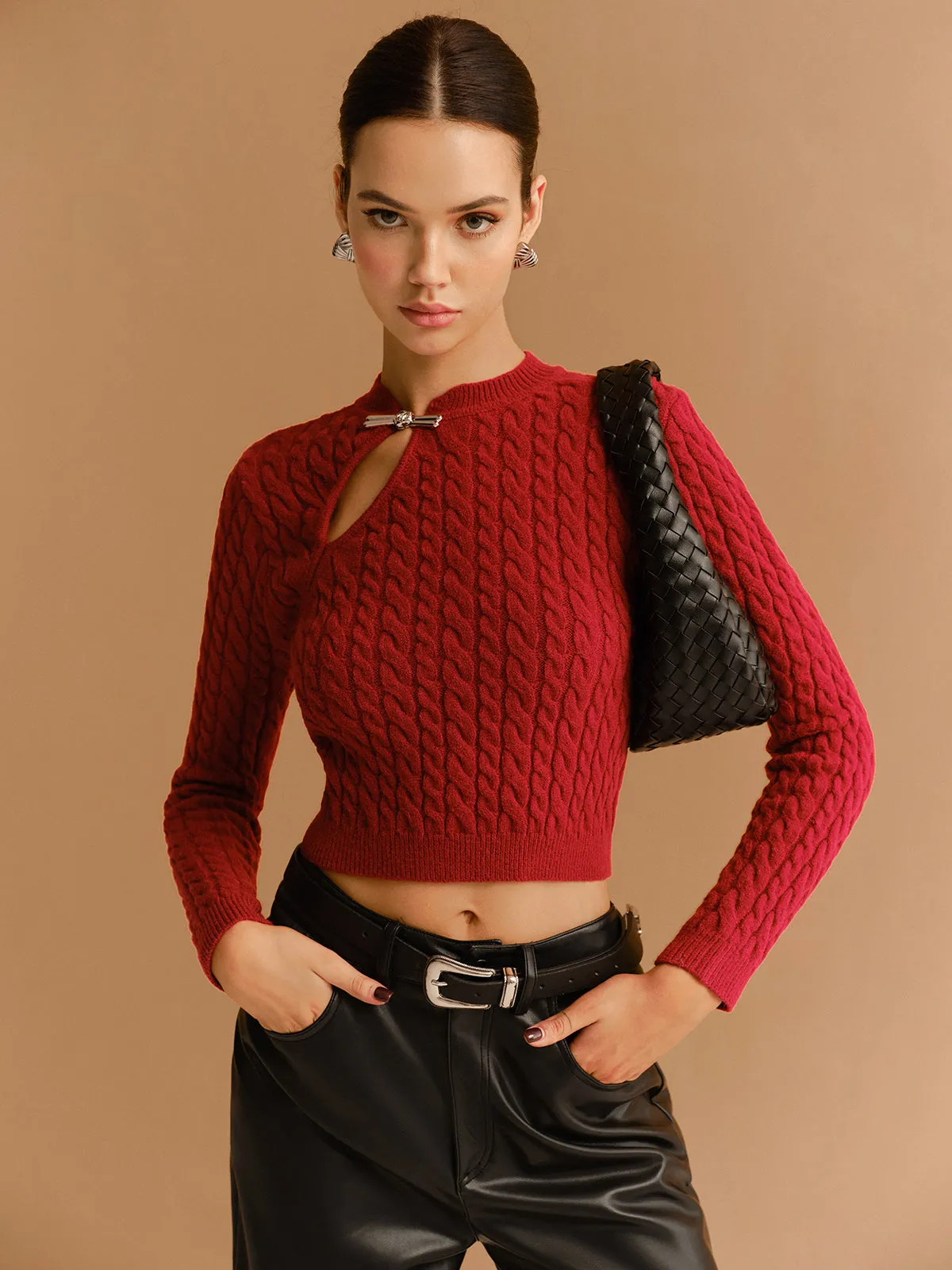Cutout Twist Crop Sweater sold by COMMENSE