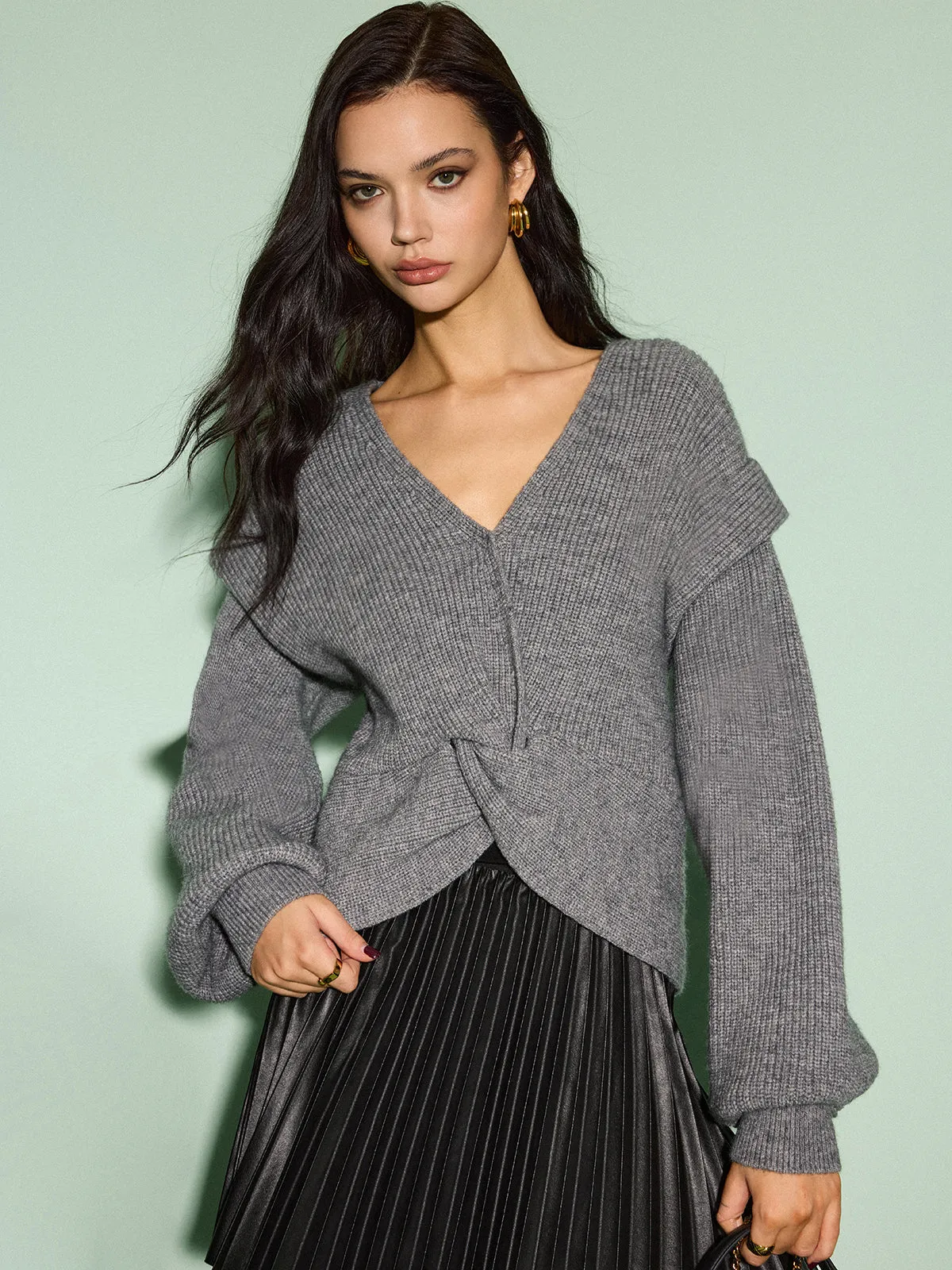 V-Neck Lantern Sleeve Knotted Sweater sold by COMMENSE product image thumbnail 5