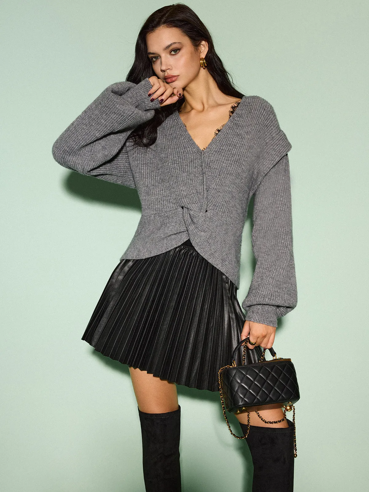 V-Neck Lantern Sleeve Knotted Sweater sold by COMMENSE product image thumbnail 4