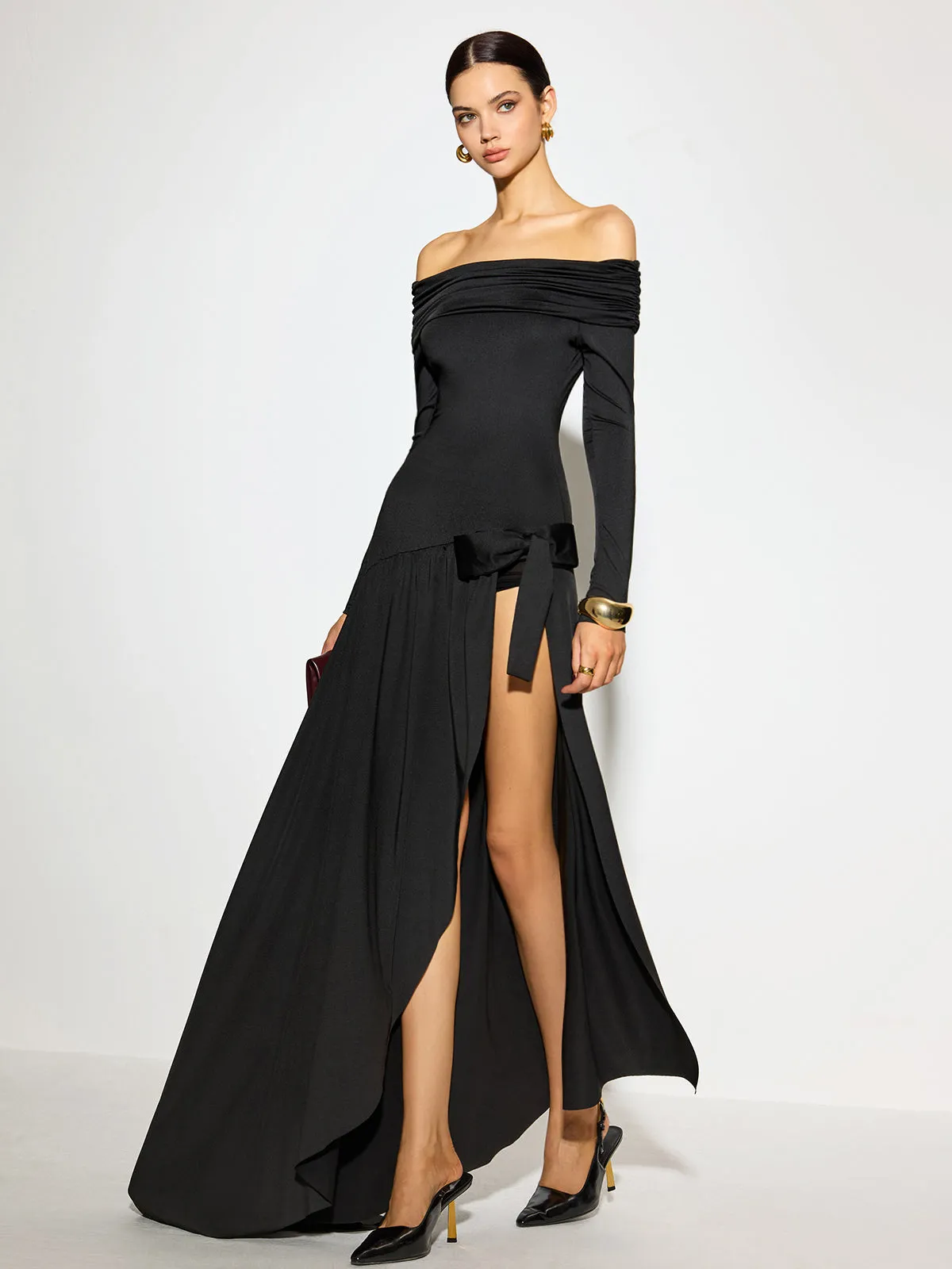 Off-Shoulder Ruched Bow Split Dress sold by COMMENSE product image thumbnail 4