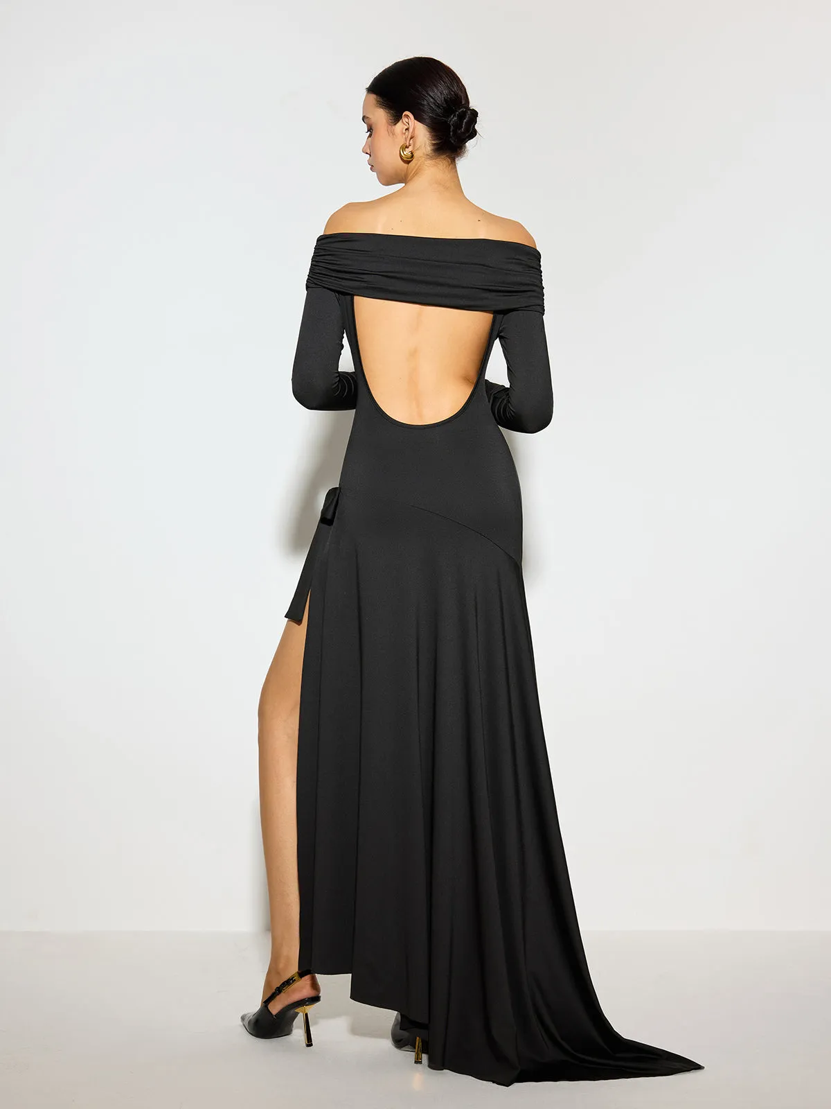 Off-Shoulder Ruched Bow Split Dress sold by COMMENSE product image thumbnail 3