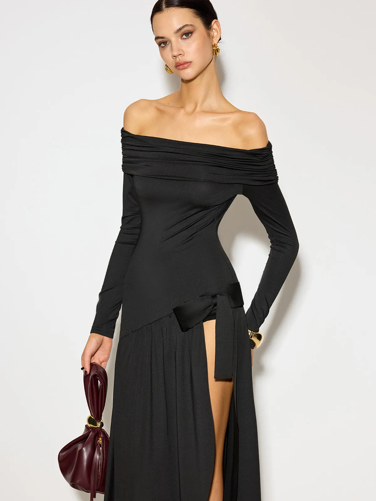 Off-Shoulder Ruched Bow Split Dress sold by COMMENSE product image thumbnail 2