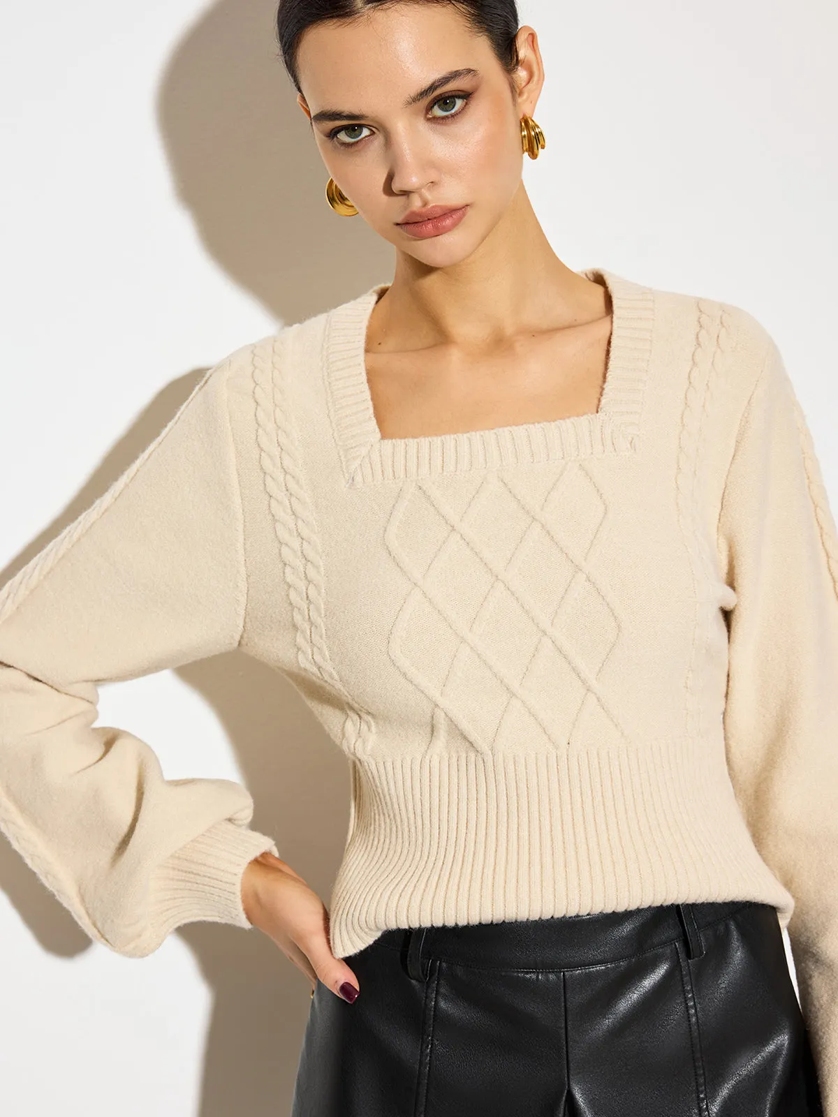 Lantern Sleeve Cinched Waist Twist Sweater sold by COMMENSE product image thumbnail 5