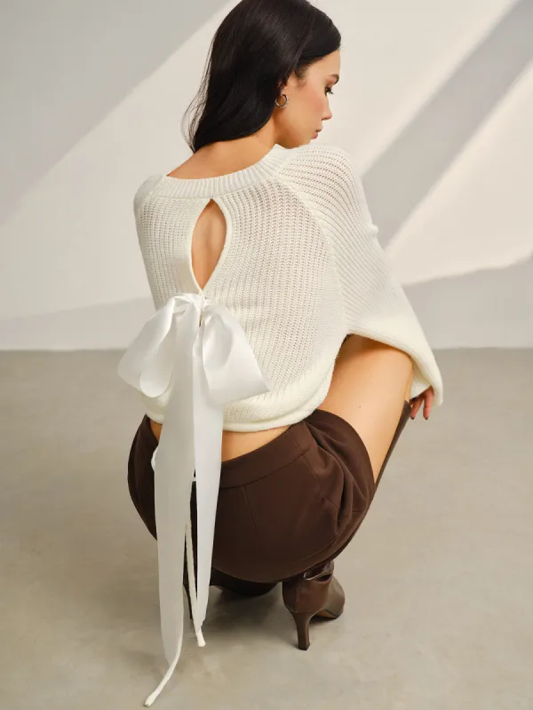 Satin-Bow Bell Sleeve Short Sweater sold by COMMENSE