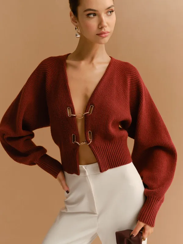 Leg-Of-Mutton Sleeve Metal-Detail Short Cardigan sold by COMMENSE