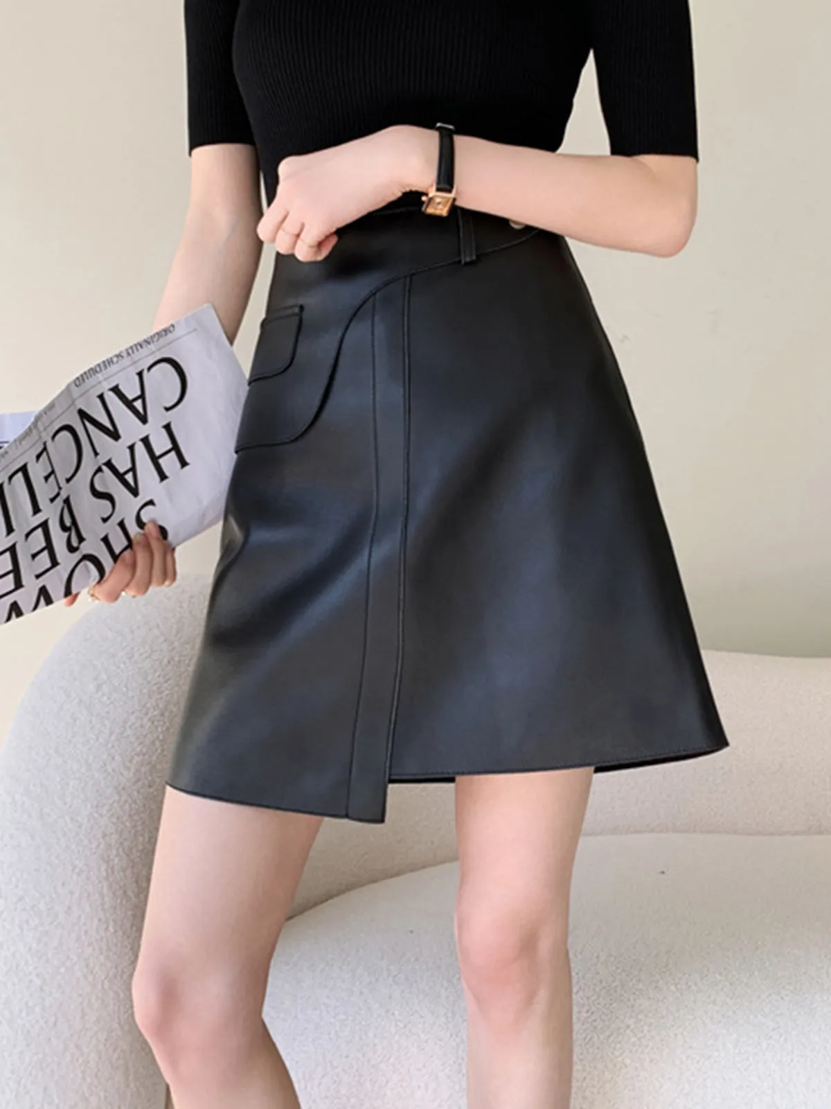 Mid-Waist Asymmetrical Faux Leather Mini Skirt sold by COMMENSE product image thumbnail 3