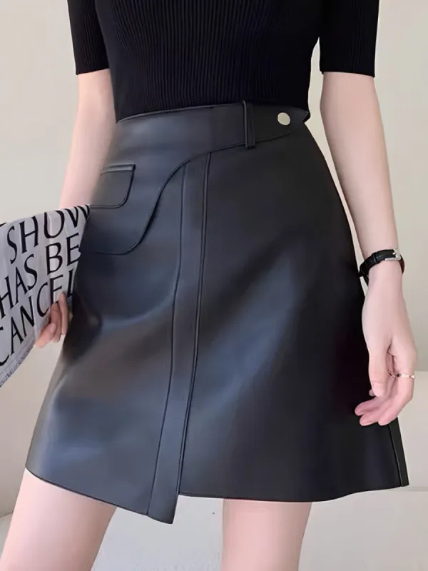 Mid-Waist Asymmetrical Faux Leather Mini Skirt sold by COMMENSE