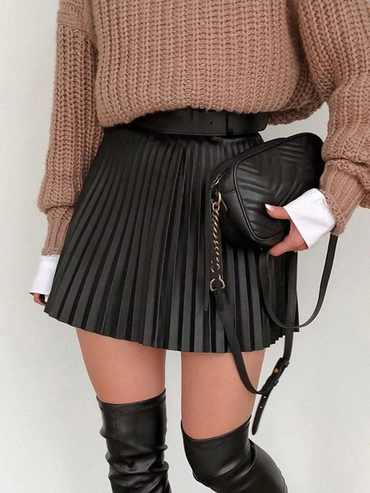 Elastic Waist Faux Leather Pleated Skirt sold by COMMENSE product image thumbnail 5