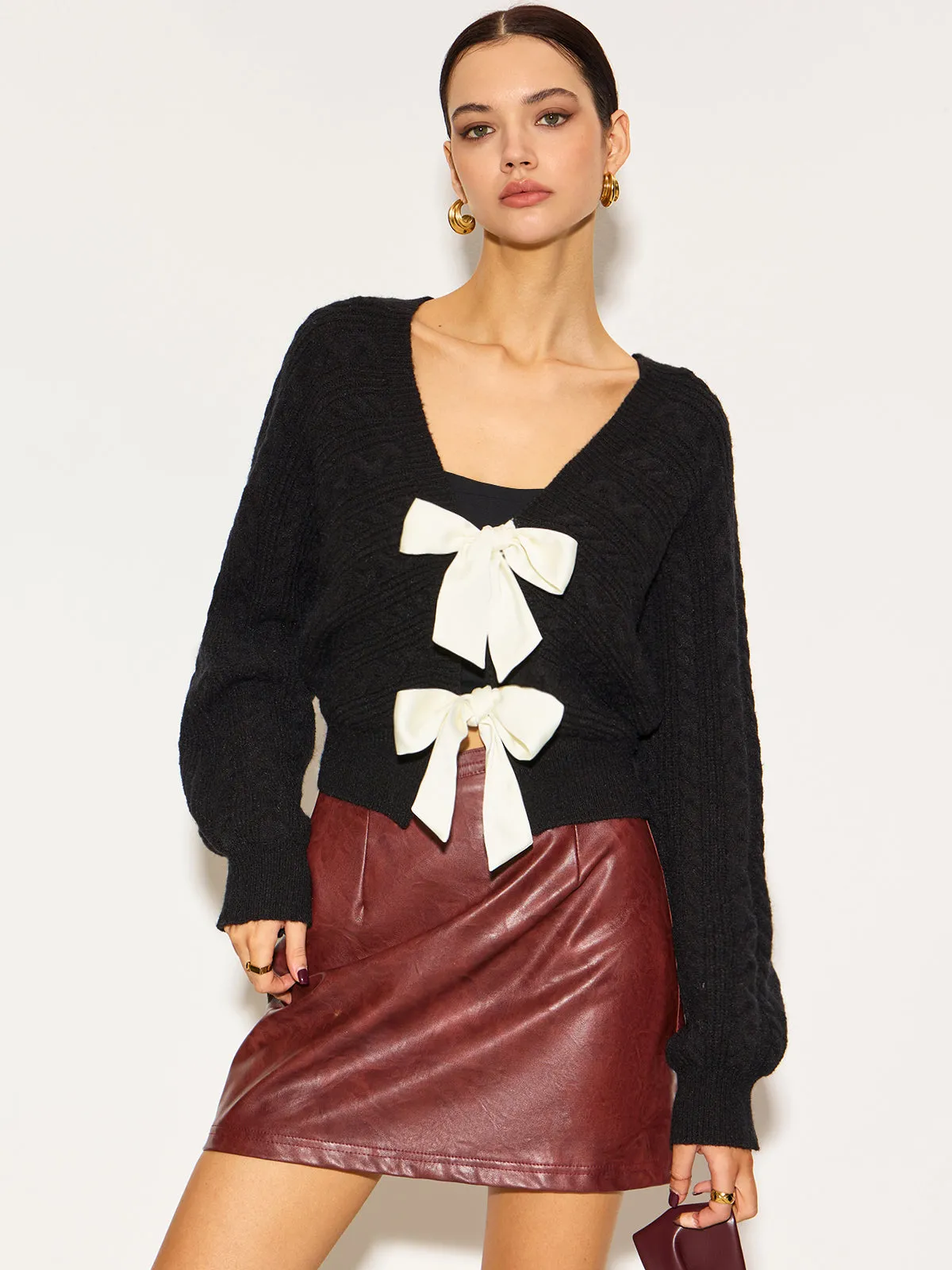 V-Neck Bow Front Twist Cardigan sold by COMMENSE product image thumbnail 3