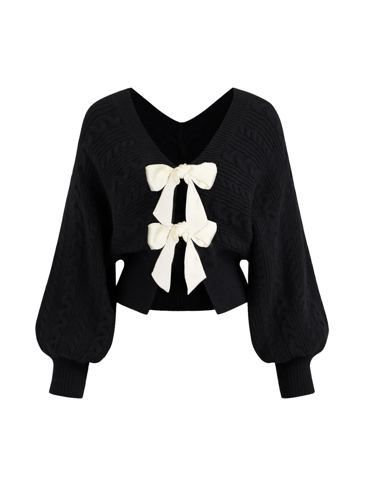 V-Neck Bow Front Twist Cardigan sold by COMMENSE