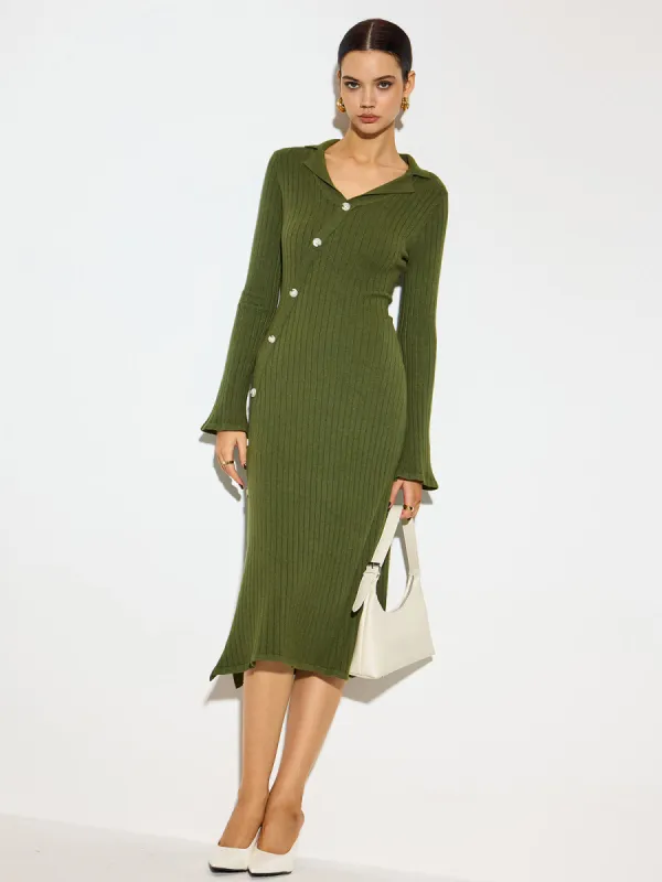 V-Neck Lapel Sweater Midi Dress sold by COMMENSE