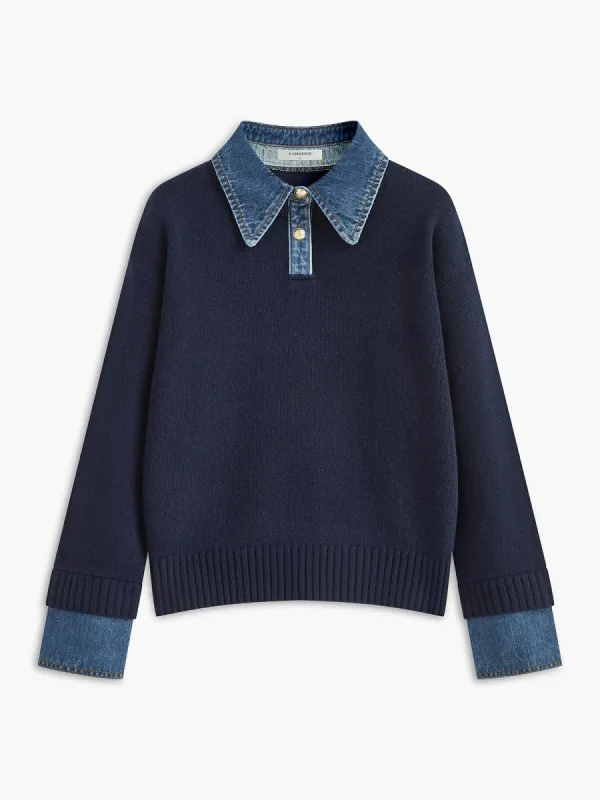 2 in 1 Panel Lapel Sweater sold by COMMENSE